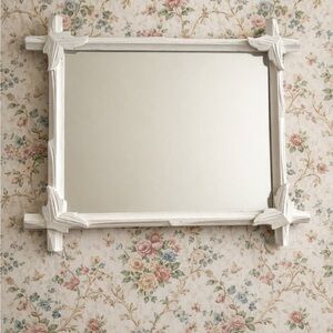 Vintage White Wooden Wall Mirror with Tramp Art Frame